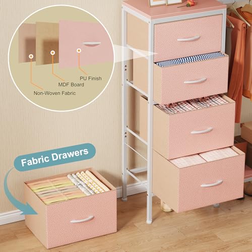 HIGDBFE Dresser with Hanging Rack, 4 Drawers Small Closet for Bedroom, Reversible Fabric Kids Chest of Drawers with Clothes Rack, Tall Storage Tower, Sturdy Frame, Pink, 44''H - color: Pink