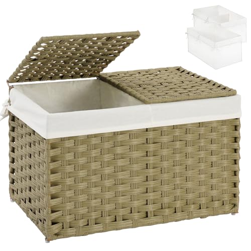 SETVSON Storage Basket with Lid Rattan Woven Storage Baskets with 2 Separate Lids, 17.2 Gallon (65 L), Wicker Storage Bins Foldable, 2 Removable Liner Bags Handles for Bedroom, Laundry Room Green - color: Green, size: 65L-22L*13W*13.8H