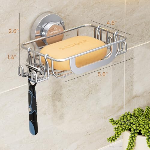 LEVERLOC Soap Holder Shower with Hooks, Bar Suction Cup Soap Dish Tray for Wall, Rust-Proof Stainless Steel Sponge Caddy for Bathroom Accessories Organizer Bathtub Kitchen Sink, Silver - style: 1 tier Silver