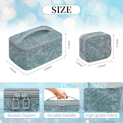 OCHEAL Makeup Bag Set, Portable Travel Makeup Bags Cosmetic Organizer Bag for Women Cute Floral Cosmetic Pouch Large Capacity Make up Bag PU Leather Toiletry Bags with Divider and Handle-Blue - color: 0020_Blue Lily Set of 2, size: Medium