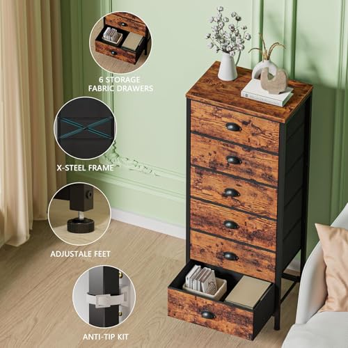 Furnulem Tall Dresser with 6 Drawers,Vertical End Table and Nightstand for Bedroom,Industrial Dorm Bedside Furniture with Fabric Storage Drawer Organizer in Living Room,Closet,Entryway(Rustic Brown) - color: Rustic Brown, size: 11.5"D x 16"W x 39.6"H (6 D