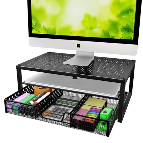Simple Trending Metal Monitor Stand Riser and Computer Desk Organizer with Drawer for Laptop, Computer, iMac, Black - color: Black