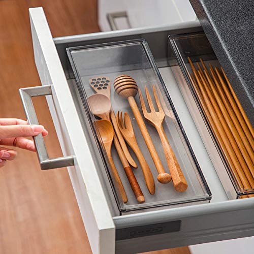 Transparent Flatware Tray Kitchen Drawer Organizer With Lid - Plastic Kitchen Cutlery Tray and Utensil Silverware Storage Container with Cover - Dinnerware Holder for Spoons Forks Knives - color: transparent