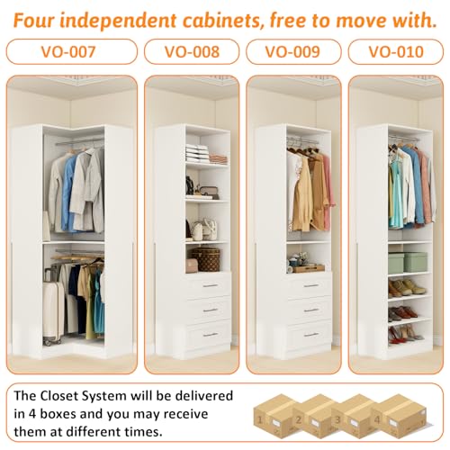 Vomavex Closet System with 4 sets, 101.9" Closet Organizer Systems with 6 Drawers & 8 Hanging Rods & Adjustable Shelves, Walk in Closet Standing Closet System, Corner Closet System Set, White