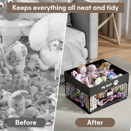 qeerable Dog Toy Basket - Metal Large Dog Toy Box for Small Dog - Dog Toy Storage Bin for Pet - Personalized Large Dog Toy Basket for Puppy and Pet- Dog Toy Organizer Holder Boxes for Living Room - color: Black