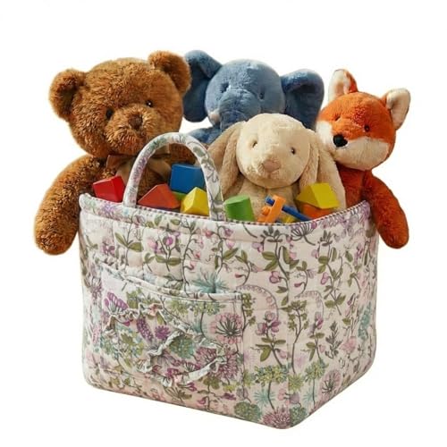 Quilted Fabric Basket Foldable Car Storage Boho Floral Laundry Basket Hamper for Nursery Bedroom & Living Room | Organize Clothes Toys - color: Pastel Wildflower Cottage
