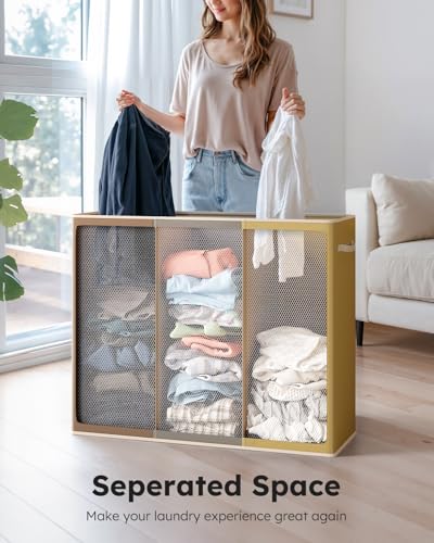 SOLEDI 180L 3-Section Laundry Hamper with Lid, Extra Large Dirty Clothes Basket with Sturdy Handles for Laundry Room & Bedroom - Durable Organizer for Sorting Laundry - color: Brown/Grey/Yellow, size: 180L