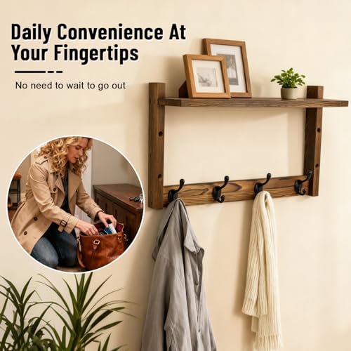 28" Coat Rack Wall Mount with Shelf, Entryway Key Holder Wall Mount Wood Wall Coat Hooks with 7 Hooks 3 Key Hanger, Wall Mounted Coat Rack Mail Holder for Living Room, Bedroom - color: Brown, size: 28 inch