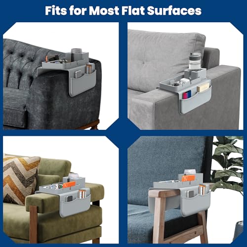 ENNVA Couch Arm Cup Holder Tray, Silicone Anti-Slip Sofa Armrest Table with Dual Side Storage Pockets, Drink Holder, Phone Stand & Remote Organizer, Couch Caddy for Wide Armrest (Gray)