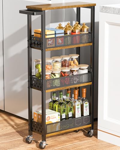 Giwil 4-Tier Slim Rolling Storage Cart for Kitchen Bathroom Organizer, Mobile Narrow Storage Cabinet Utility Cart with Wood Rack on Wheels for Pantry Laundry Small Space - size: Brown/Net Bar