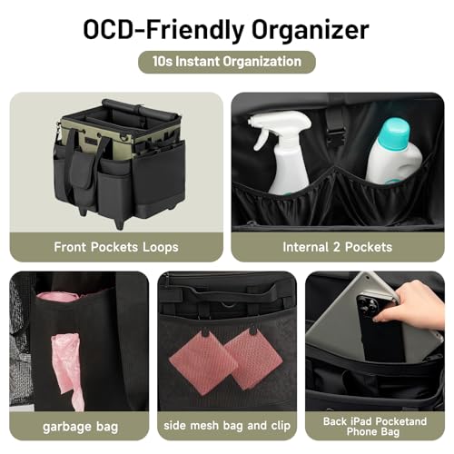 Large Cleaning Caddy for Cleaning Supplies Organizer, Rolling Cleaning Caddy Bags with Wheels for Housekeepers, Cleaning Carts on Wheels for Home Car Office Picnic - color: Black-green