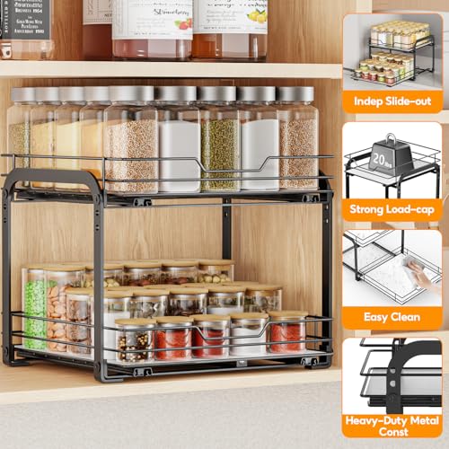 Spice Rack Organizer for Cabinet, 2 Tier Pull Out Spice Rack – Heavy Duty Metal Spice Organization for Cabinet, 50-Jar Capacity, Height Adjustable Cabinet Organizer (11.5W" X 10.5"D X 9"H, Black) - size: 11.5W" X 10.5"D X 9"H - 2 Tier