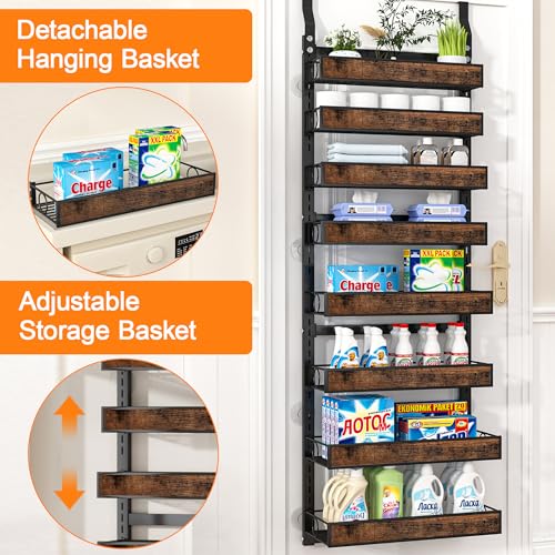 8 Tier Over The Door Pantry Orangizer 2 IN 1 Wall Mounted or Hanging Spice Rack with Adjustable Wood Basket,Heavy Duty Seasoning Storage Shelf for Kitchen Pantry and Bathroom - color: Black-Wood, size: 8 Tiers