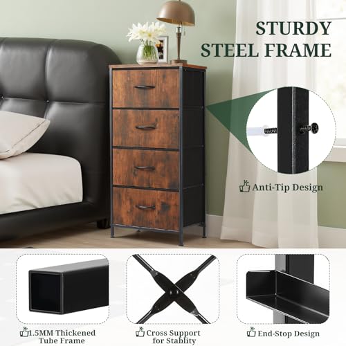 Nightstand, 4 Drawer Dresser End Table Bedside Furniture with Wooden Top Steel Frame Fabric Bins for Bedroom, Closet, Entryway, Dorm, Living Room, Brown - color: Brown, size: 11.8"D x 17.7"W x 37.4"H (4 Drawers)