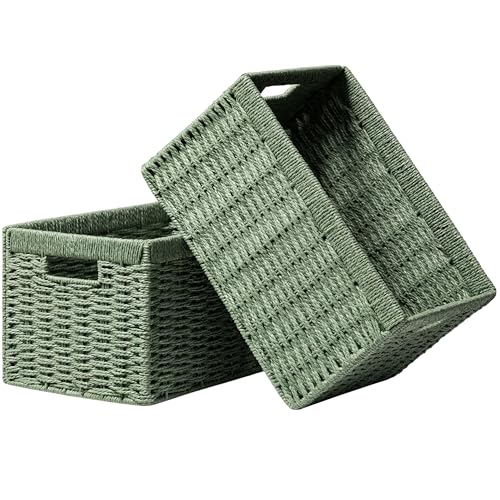 UBBCARE 2 Pack Wicker Basket, 13.4L×8.3H×7.1W inch Woven Paper Rope Storage Baskets for shelves, Foldable Rectangular Storage Baskets with Handle, Storage Basket for Organizing, Green - color: Green, size: 2pack Medium