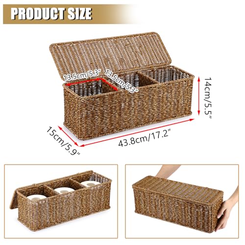 Sumnacon Wicker Storage Basket with Lid, Rectangular Narrow Baskets for Bathroom, Farmhouse Imitation Rattan Bin with Dividers, Decorative Handwoven Tray Organizer for Countertop Shelves Toilet Tank - color: Brown