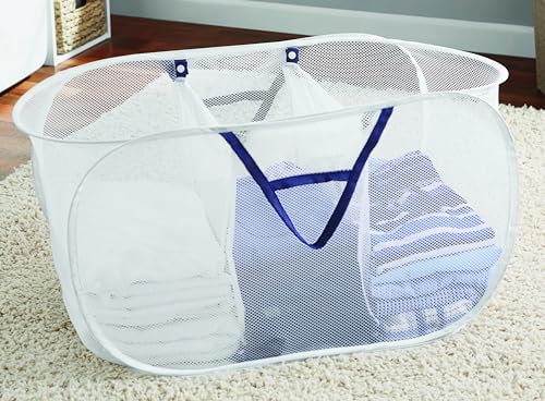 Pop-Up Mesh Laundry Basket with Triple Compartments, 3 Section Sorting Hamper, White, 16" x 16" x 28"