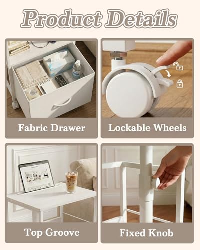 Faesun Swivel Lift Top Nightstand with Charging Station, Rolling Side Table for Recliner, Bedside Table with Wheels & a Fabric Drawer, for Small Spaces, for Bedroom, Living Room, White - color: White, size: 1 Drawer