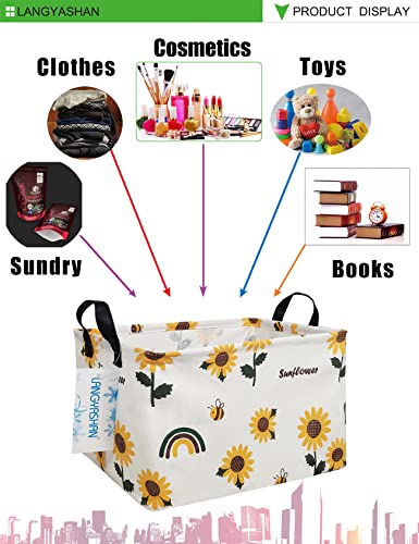 LANGYASHAN Rectangular Storage Bin Collapse Canvas Fabric Cartoon Storage Basket with Handles for Organizing Home Kitchen Boys and Girls Toys Office Closet Shelf Baskets(Rec Sunflower) - color: Rec Sunflower