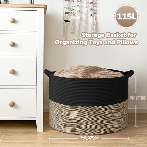 Goodpick 115L Extra Large Blanket Basket, 23.5"x23.5"x15.8" Woven Rope Basket for Storage, Kids Toy Storage for Nusery Room - color: Black & Mix Jute, size: 23.5x23.5x15.8 Inch (Pack of 1)