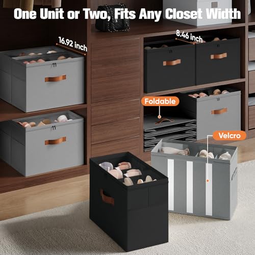 2 Pack Shoe Organizer for Closet,Foldable Shoe Storage Organizer with Adjustable Dividers, Shoe Storage Box with Clear Cover, Fits up to 16 Pairs,Black & Gray - color: Black & Gray, size: 2 Pack
