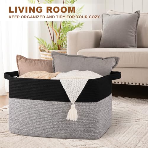 Extra Large Laundry Basket, 95L Blanket Basket for Living Room, Cotton Rope Toy Storage for Kids, Woven Storage for Clothes, Towels, Pillows, 24" x 17" x 14", Pink and White (Pack of 2) - color: Black & Grey, size: 24"x16.9"x14.2" (Pack of 2)