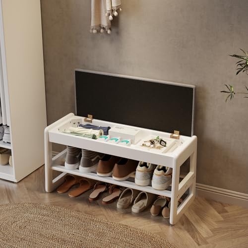 AQIMUELE Shoe Rack Bench,2 Tiers Shoe Bench with Storage with Flip-Top,Wood Shoe Rack for Entryway,Hallway（White Upholstered Seat,11.8" D x 31.5" W x 15.7" H） - color: White Upholstered Seat, size: 11.8"D x 31.5"W x 15.7"H