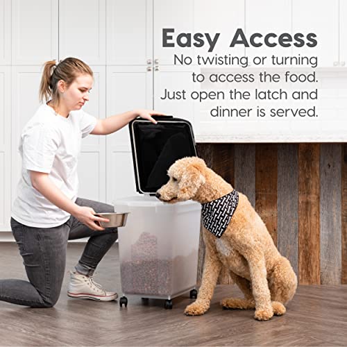 IRIS USA 50 Lbs / 65 Qt WeatherPro Airtight Pet Food Storage Container with Removable Casters, for Dog Cat Bird and other Pet Food Storage Bin, Keep Fresh, Translucent Body, Easy Mobility, Clear/Black