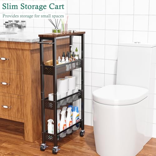 XYZLVSI Slim Storage Cart 4 Tier Narrow Kitchen Rolling Cart on Wheels for Small Space, Mobile Utility Cart Shelving Unit with Wooden Top and Metal Handle for Kitchen, Bathroom, Laundry Room - size: 16.7"Dx5.0"Wx34"H