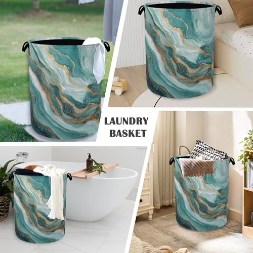 Blue Green Gold Marble Laundry Basket,Foldable with Handles Tote Bag Oxford Cloth for Bathroom Bedroom Dirty Clothes Storage Bucket 16" x 20.8" - color: Blue Green Gold Marble