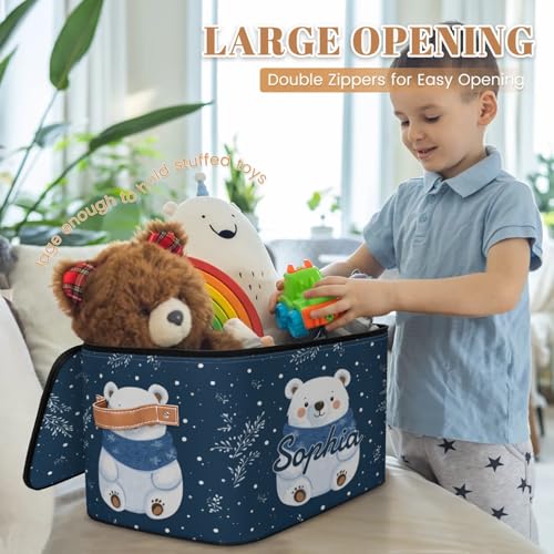 Custom Storage Basket with Name, Personalized Storage Bins with Zipper Lid, Foldable Fabric Storage Box Large capacity with Handle Snowflake White Bear - color: Option 1