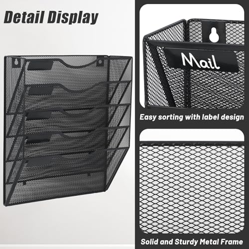 EASEPRES 5 Pocket Mesh Hanging Wall File Organizer, Wall Mounted Mail Paper Document Folder Holder, Clipboard Storage Organization Magazine Rack with Nametag Label for Office Home School, Black - color: Black, size: 5 Tier