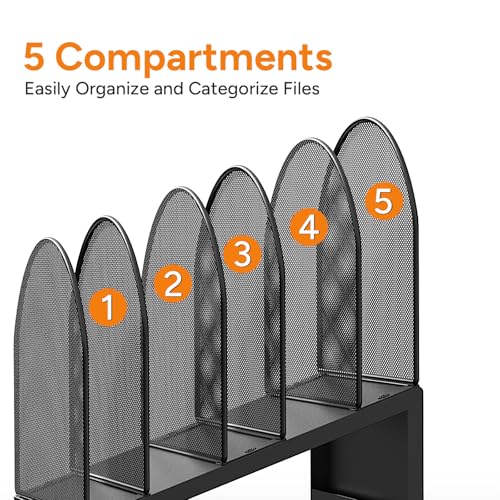 5-Section Desk File Organizer, Metal Mesh Folder Organizer for Documents, Mail & Office Papers (Black) - color: Black
