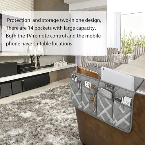 Armchair Caddy,Non Slip Sofa Armrest Organizer, Couch Armrest Remote Control Holder,Waterproof Recliner Arm Caddy with 14 Pockets for Cell Phone TV Remote Control - color: Grey Pattern
