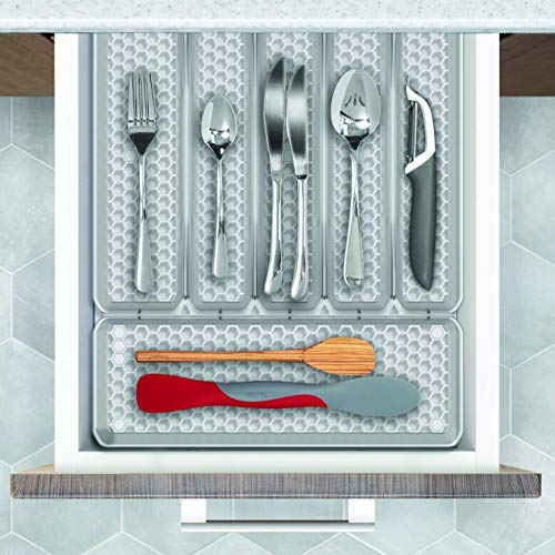 Spectrum Diversified Hexa Drawer Organizer Tray Modern Kitchen Cutlery, Utensil, Silverware Holder Caddy, 6 Dividers Cabinet Storage, 13 x 16, Clear Frost - color: Clear Frost, size: 6 Divider