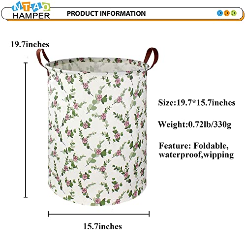 NTAOHAMPER Large Round Canvas Linen Laundry Hamper,Waterproof Storage Bin for Books/Clothes, Laundry Basket, Gift Basket(Eucalyptus leaves) - color: Eucalyptus leaves