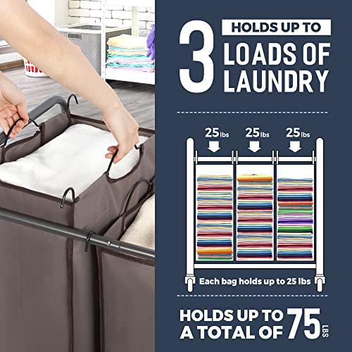 STO STO Laundry Sorter 3 Section, 3 Bag Clothes Hamper, Rolling Laundry Cart Basket with Heavy Duty Lockable Wheels and Removable Bag for Laundry Room, Bedroom, Closet, Brown - color: Brown, size: 3-Section