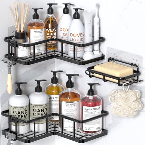 YASONIC Shower Caddy Corner, 3-Pack Adhesive Rustproof Stainless Steel Shower Shelves with Soap Holder, No Drilling Shower Organizer Corner for Dorm, Renters Bathroom, Black - color: Black, size: 3Pack