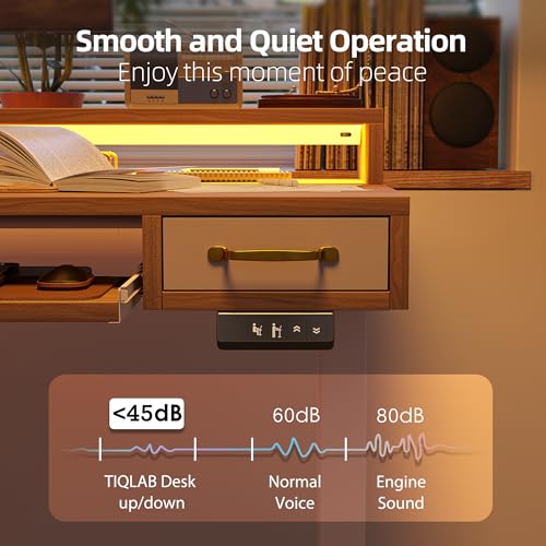 TIQLAB Standing Desk with Two Drawers, Stand Up Standing Desk Adjustable Height, Electric Sit Stand Table with Storage Shelf and Splice Board, with LED Light, 55 * 28 inch, Light Walnut - color: Light Walnut, size: 55*28 inch with keyboard tray