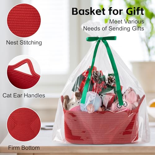 OIAHOMY Woven Basket, Gift Basket Empty with Gift Bags and Ribbons, Rope Baskets for Baby Showers, Storage Baskets with Handles for Nursery, Pet Toy Organizer - Red - color: Red, size: Medium: 13.5L*10W*6H