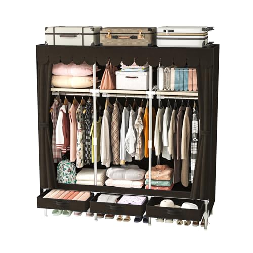 Portable Amories Closet Wardrobe with Non Woven Fabric Cover,59 Inch Large Metal Clothes Rack Storage Closet with 3 Hanging Rods,3 Drawers and 3 Storage Shelves,Brown,for Small Room - color: Brown