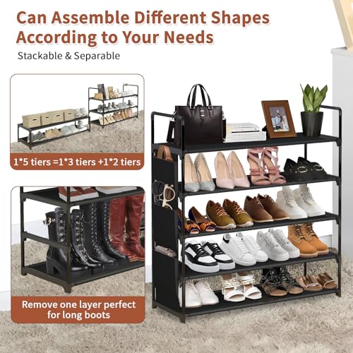 5 Tier Shoe Rack Organizer, Freestanding Shoe Storage Shelf with Side Pockets & Hooks, Waterproof Non-Woven Fabric Shoe Stand for Entryway, Closet, Bedroom, Holds Up to 20 Pairs of Shoes.(Black)