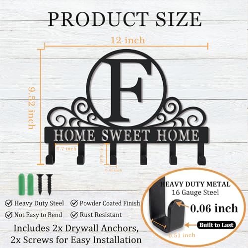 Metal Letter F Key Holder for Wall, Decorative Metal Key Holder Wall Mount, Key Hooks Coat Rack Monogram Wall Decor, Perfect for Bathroom, Living Room, Kitchen, Anniversary Housewarming Gift - style: F