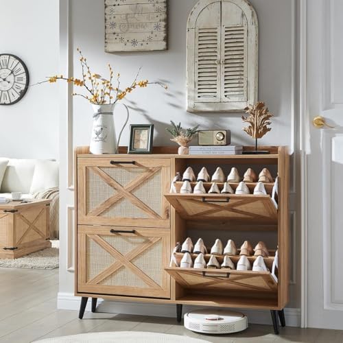 Barnyatoh Shoe Storage Cabinet, Boho Shoe Organizer with 4 Flip Drawers & Rattan Design,Farmhouse Freestanding Hidden Slim Narrow Shoe Rack Cabinet for Entryway, Foyer,Hallway,Natural - color: Natural, size: 4-Drawers