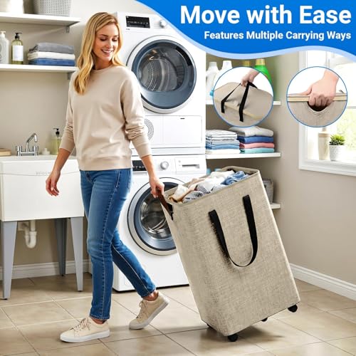 Laundry Basket with 5 Wheels, Tall Dirty Laundry Hamper, Rolling Laundry Basket with Lid, Large 90L Collapsible Clothes Hamper for Laundry Room Bedroom Bathroom Dorm, Khaki - color: khaki, size: 90L