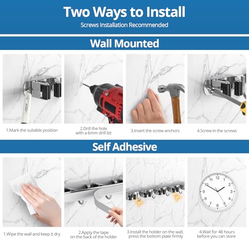 2 Pack Broom Holder Wall Mount Mop and Broom Hanger Broom Organizer Storage Tool Racks Stainless Steel Heavy Duty for Kitchen Garden Laundry Garage (5 Racks with 4 Hooks) - style: 2 PACK