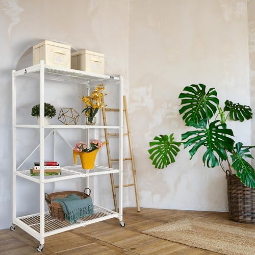 Origami R5 4-Shelf Heavy-Duty Folding Storage Rack, White - Large Foldable Metal Shelving Unit with Wheels for Garage, Pantry, Basement, Laundry Room or Warehouse - color: White, size: 1-Pack