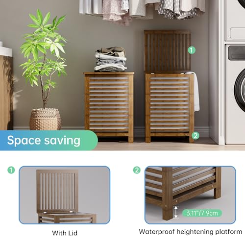 SMIBUY Double Laundry Hamper with Lid, 120L Bamboo Laundry Basket with Removable Liner Bag, 2-Section Clothes Divider Laundry Sorter for Laundry Room, Bathroom, Bedroom (Walnut) - color: Walnut