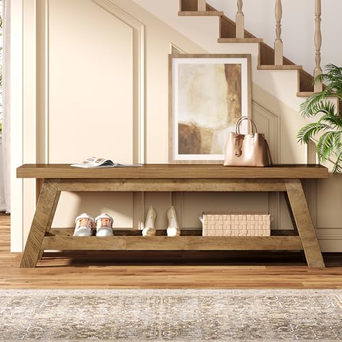 Tribesigns 55" Wood Entryway Bench with Shoe Storage, Large 2-Tier Narrow Hallway Foyer Seating Bench with Open Shelves for Entryway, Bedroom, Mudroom - color: Light Walnut