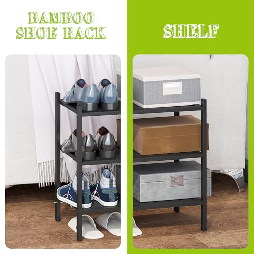 BMOSU 3-Tier Bamboo Small Shoe Rack Premium Stackable Shoe Shelf Storage Organizer for Hallway Closet Living Room Entryway Organizer(Black) - color: Black, size: Small-3-Tier（17*11*18.3inches）